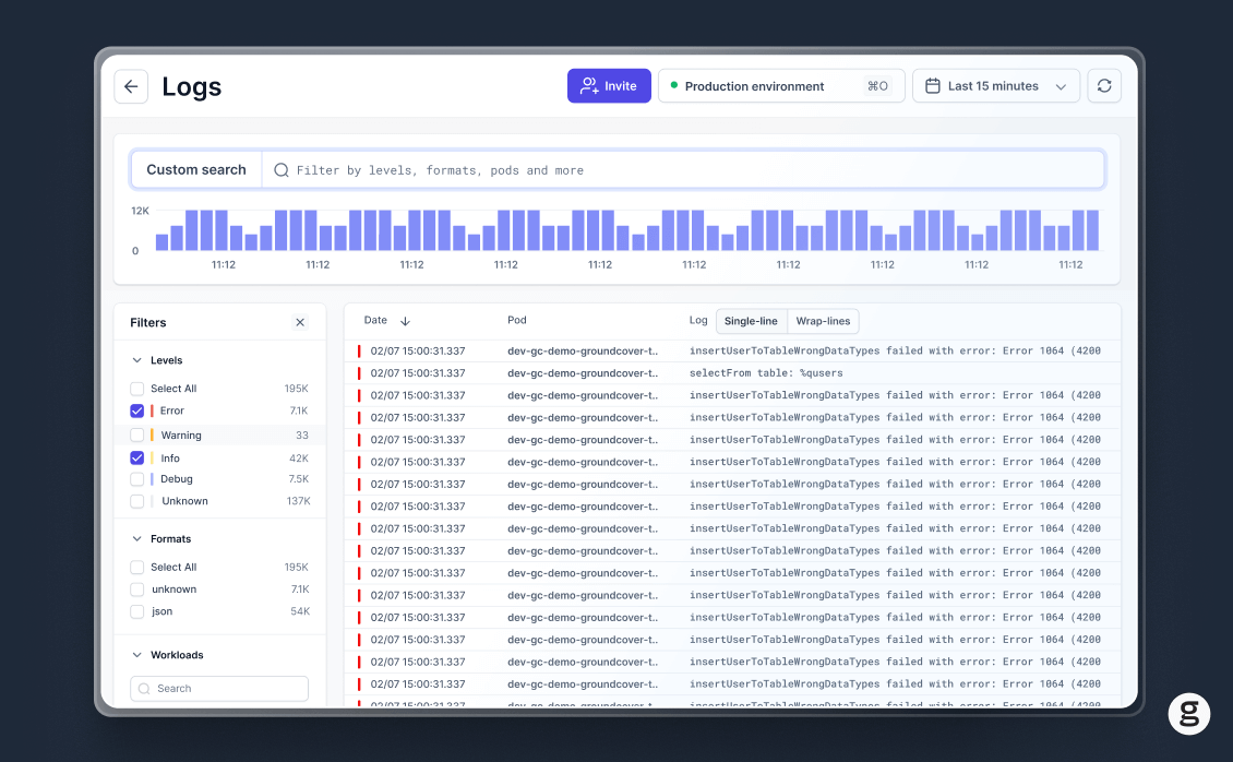Log data from a microservices observability tool highlighting errors, and info for the analysis of the internal state and health of distributed applications.
